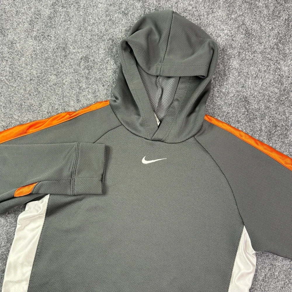 Nike Boys Performance Hoodie Youth XL Gray Orange Colorblock Swoosh Pullover Y2K